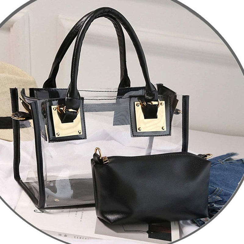Rullar 2Pcs Clear Handbag Purse PVC Tote Shoulder Top-handle Bag Women Small Transparent Satchel Black - Image 3